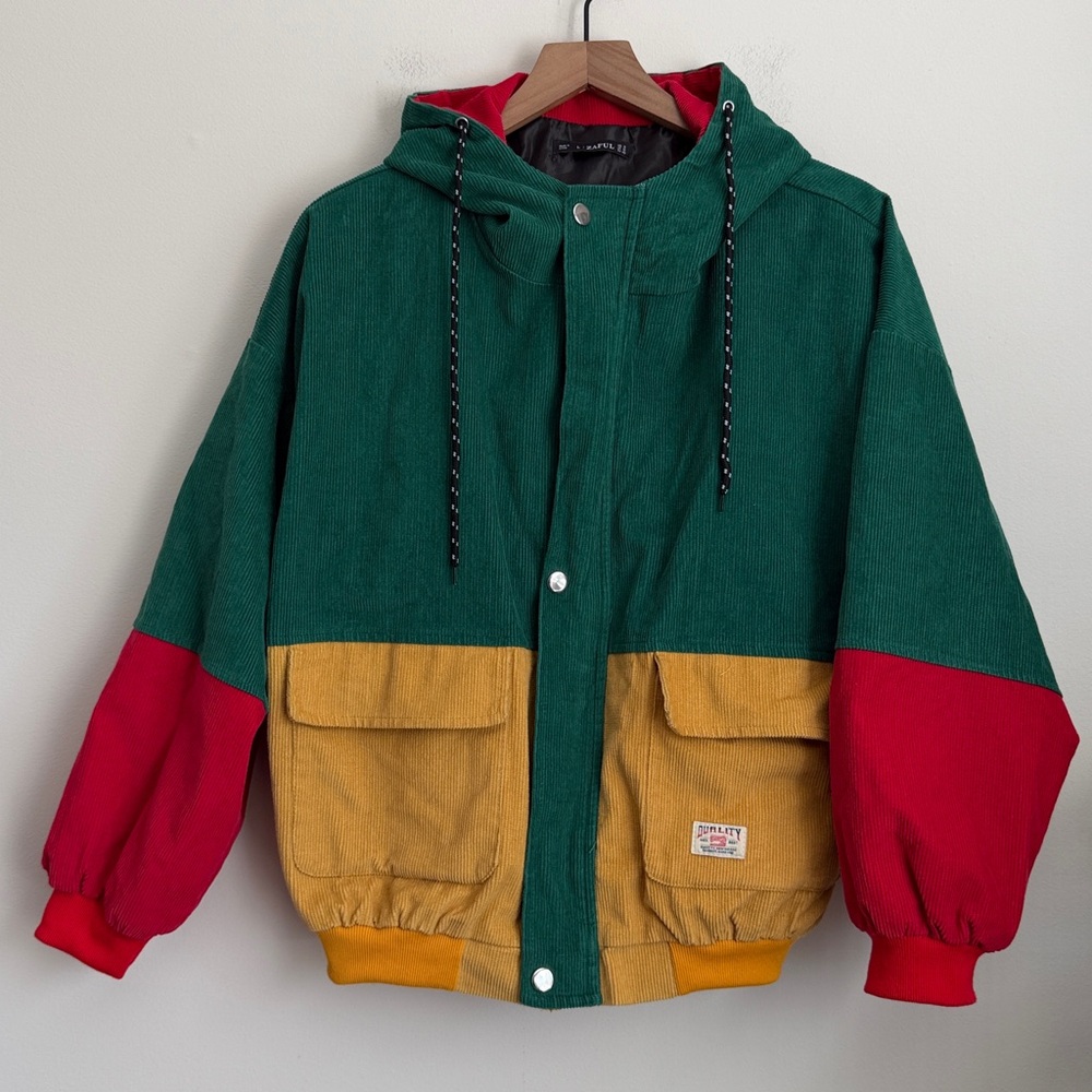 Zaful Vintage Corduroy Colorblock Oversized Hooded Jacket Yellow Green Red 90s